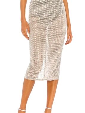 Camila Coelho Beatriz Silver Sequin Midi Pencil Skirt